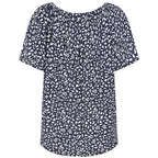 Emreco Casual Leaf Print Top - Short Sleeve & Versatile Off-Shoulder Style (Size 14) - Navy