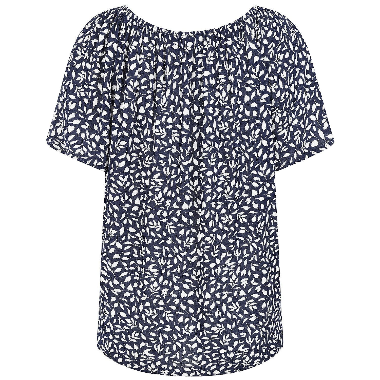 Emreco Casual Leaf Print Top - Short Sleeve & Versatile Off-Shoulder Style (Size 14) - Navy