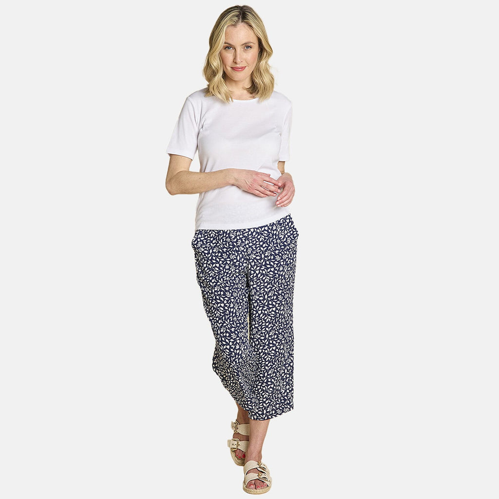 Emreco Leaf Print Crinkle Wide Leg Culottes (Size 14) - Navy