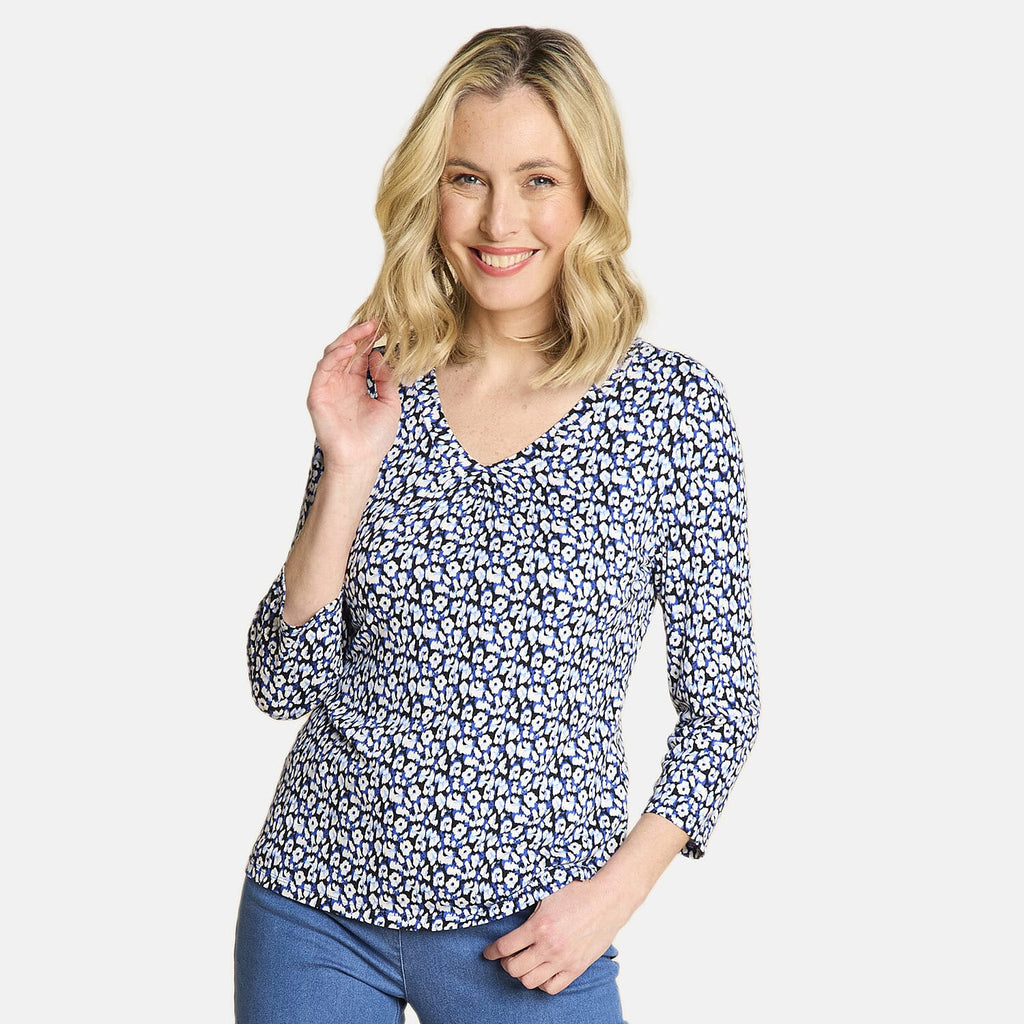 Emreco Casual 3-4 Sleeve V-Neck Animal Print Top (Size 10) - Blue White & Black