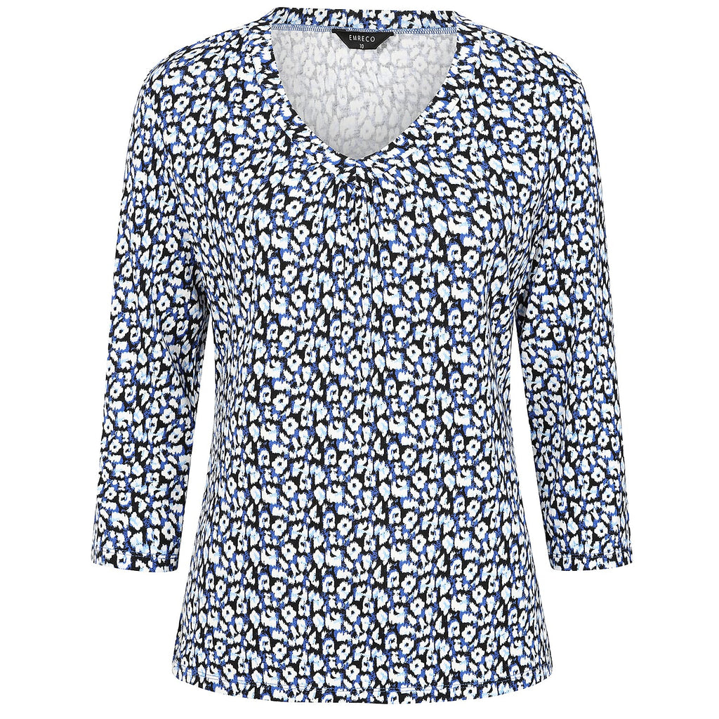 Emreco Casual 3-4 Sleeve V-Neck Animal Print Top (Size 14) -  Blue, White & Black