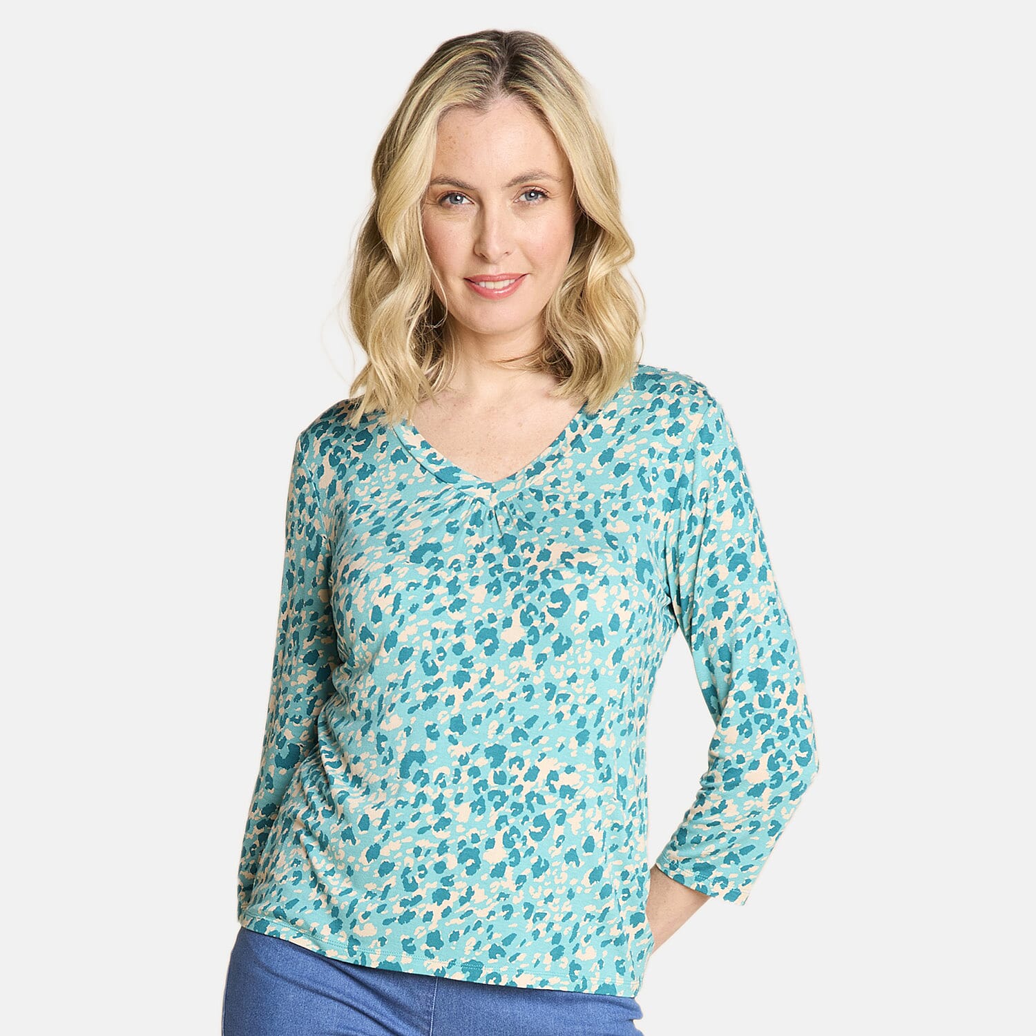 Emreco Casual 3-4 Sleeve V-Neck Animal Printed Top (Size 12) - Green & Yellow