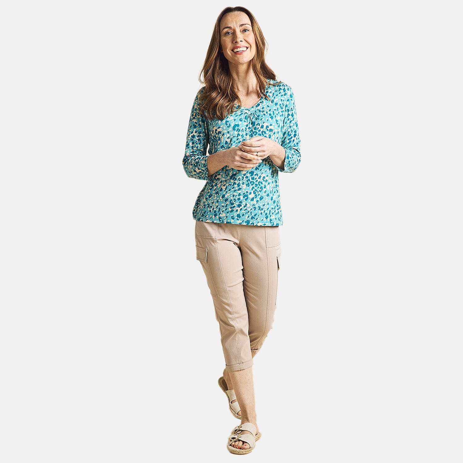 Emreco Casual 3-4 Sleeve V-Neck Animal Printed Top (Size 16) - Green & Yellow