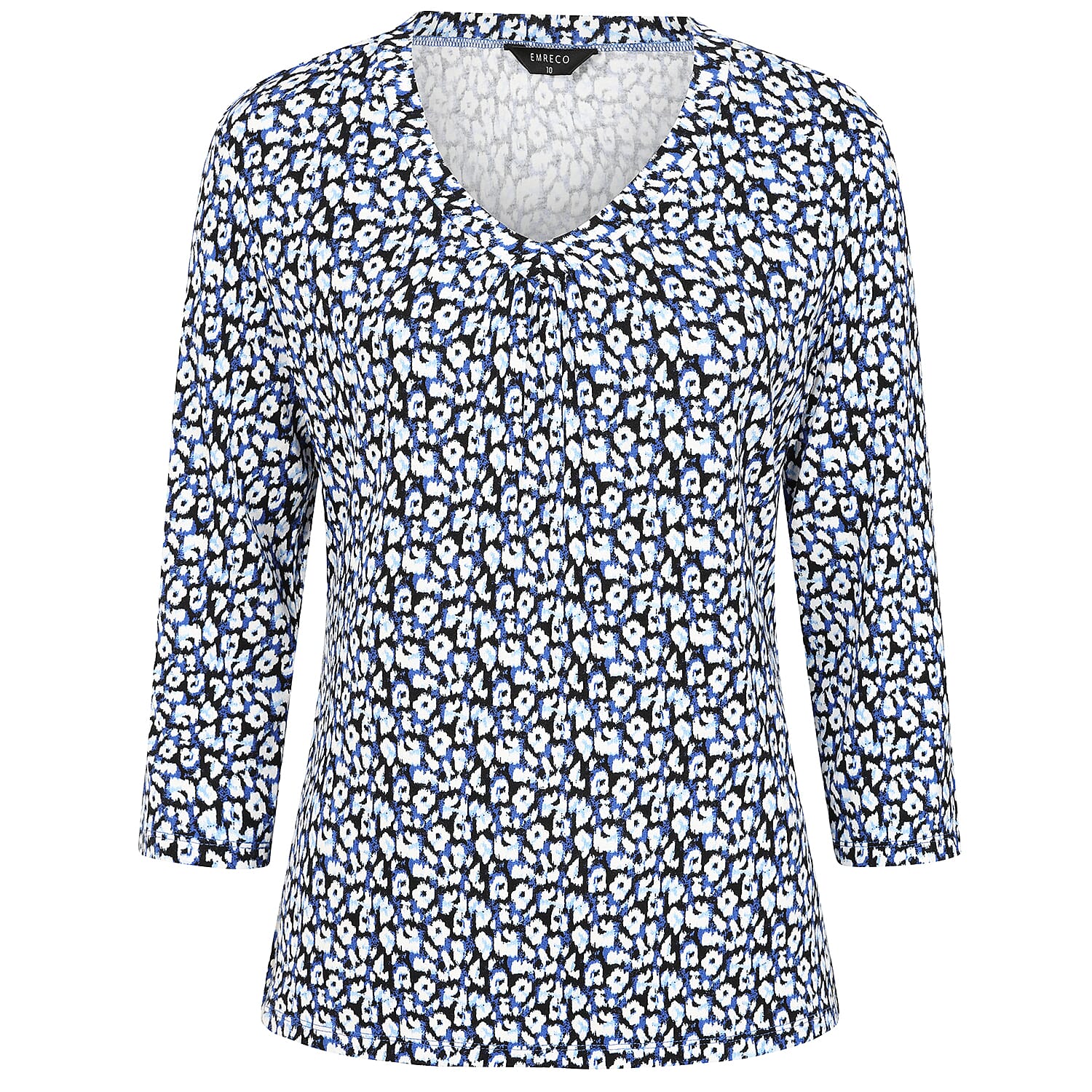 Emreco Casual 3-4 Sleeve V-Neck Animal Print Top (Size 14) -  Blue, White & Black