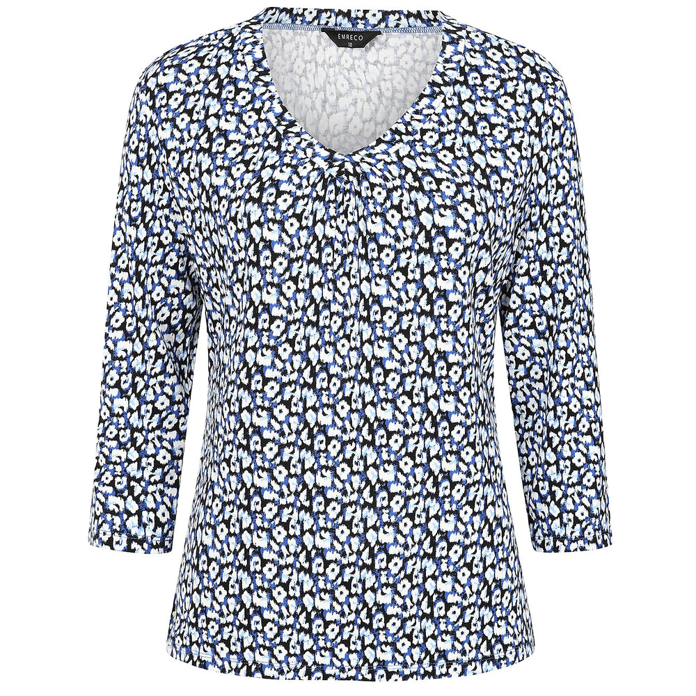 Emreco Casual 3-4 Sleeve V-Neck Animal Print Top (Size 16) -  Blue, White & Black