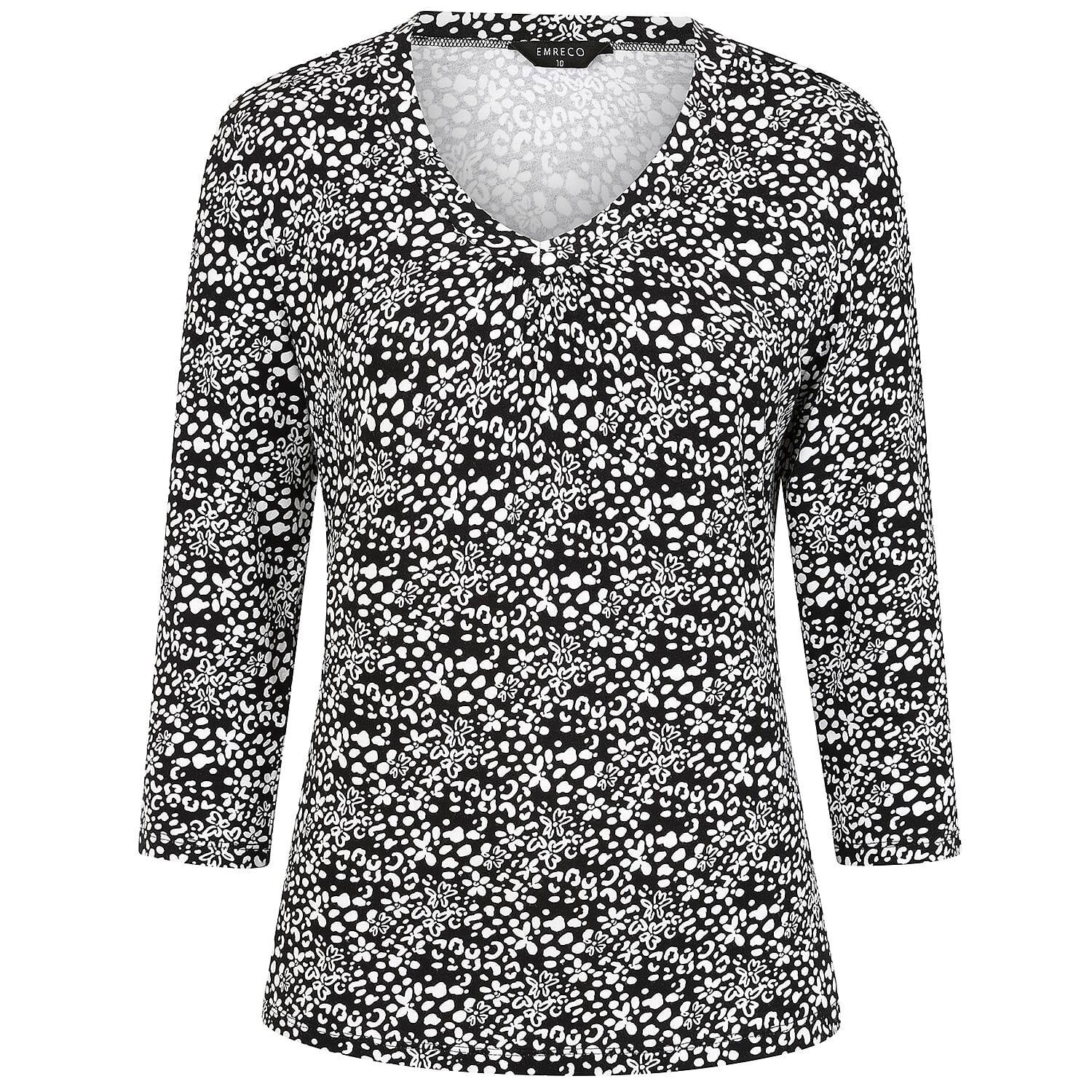 Emreco Casual 3-4 Sleeve V-Neck Printed Top (Size 10) - Black