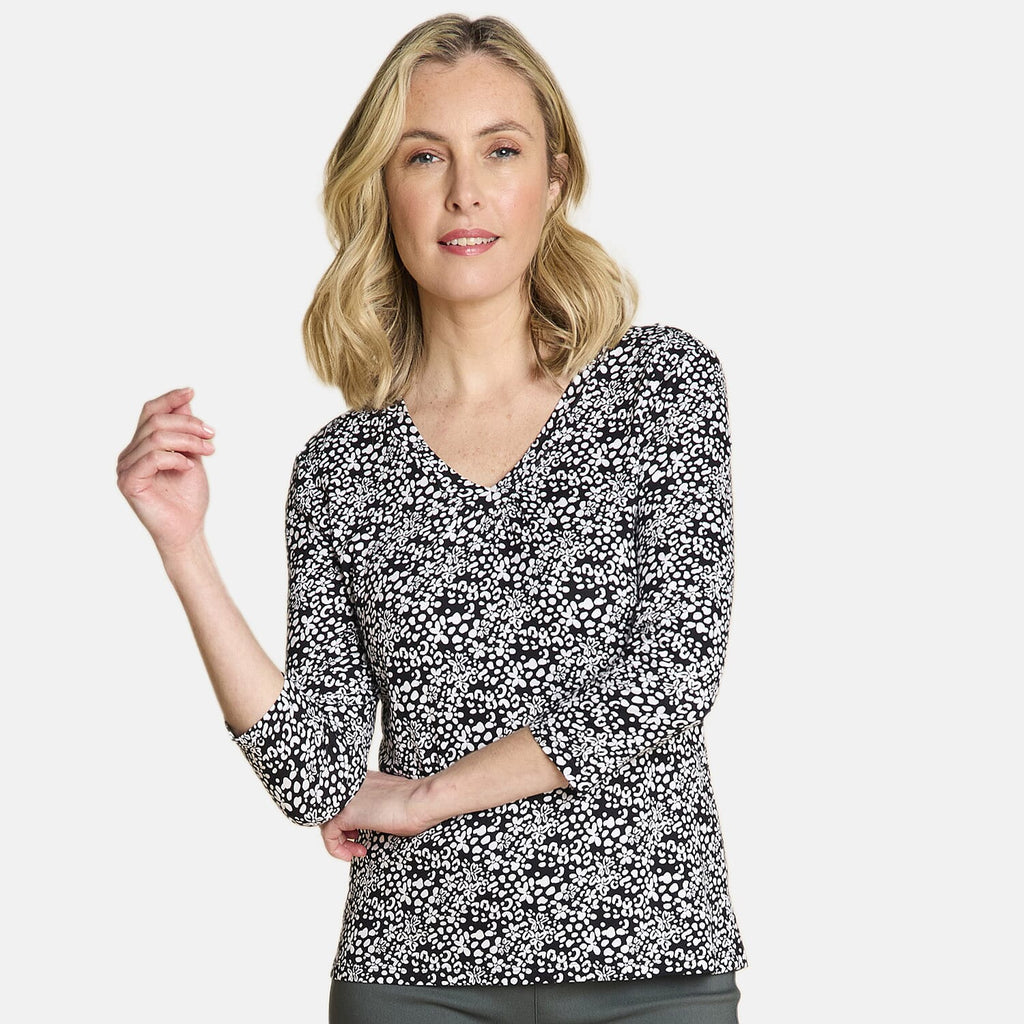 Emreco Casual 3-4 Sleeve V-Neck Printed Top (Size 14) - Black