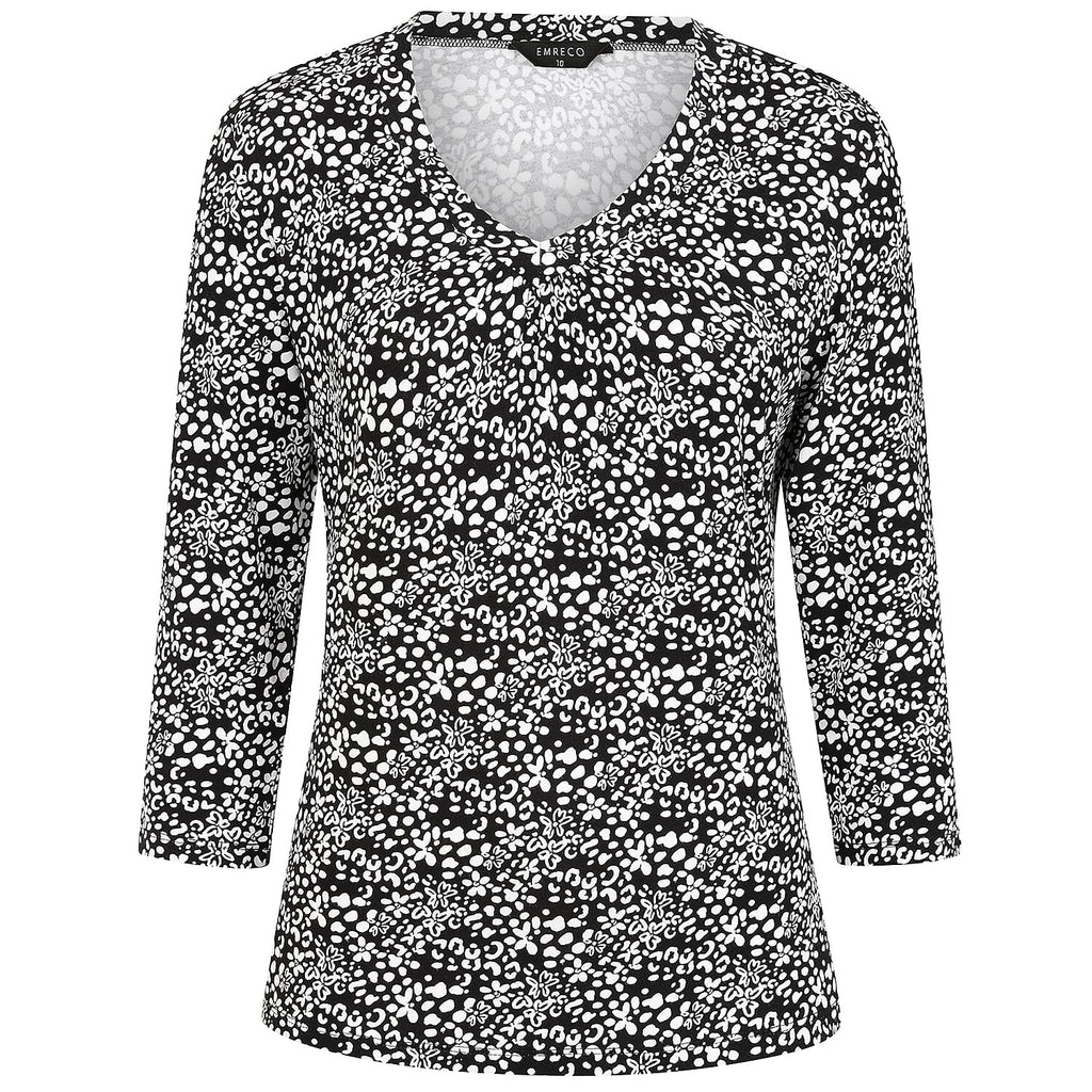 Emreco Casual 3-4 Sleeve V-Neck Printed Top (Size 20) - Black