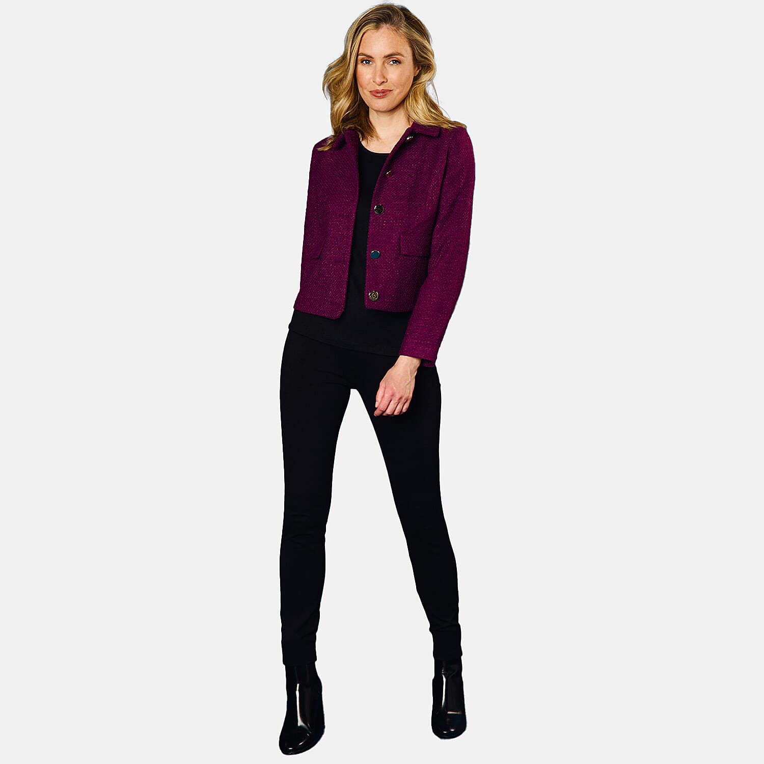 Emreco Classic Collar Cropped Boucle Jacket (Size 12) - Berry