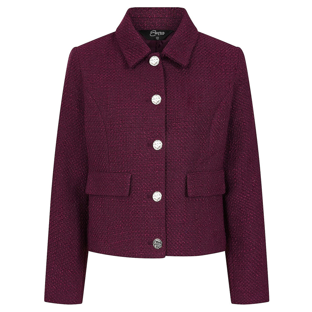 Emreco Classic Collar Cropped Boucle Jacket (Size 12) - Berry
