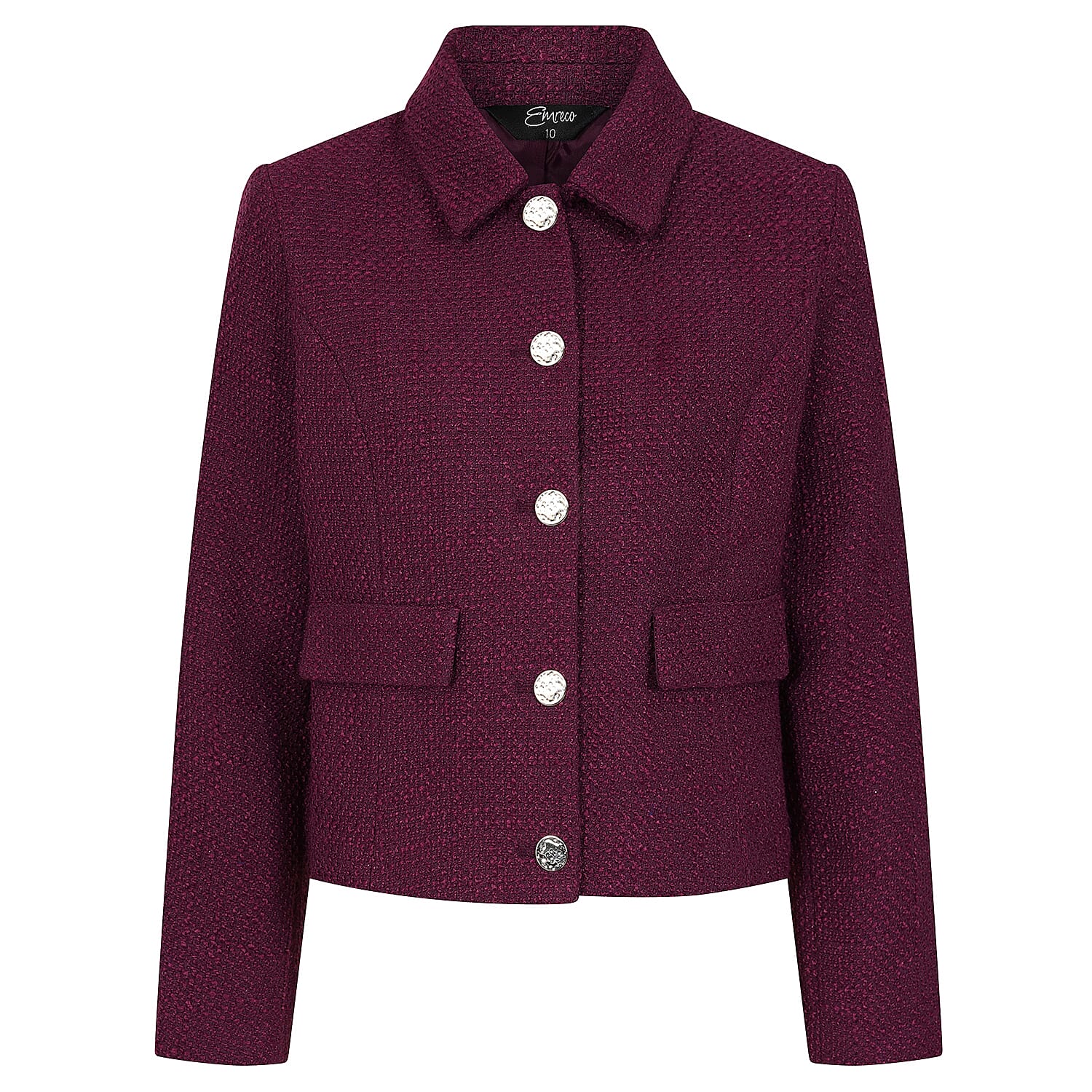 Emreco Classic Collar Cropped Boucle Jacket (Size 18) - Berry