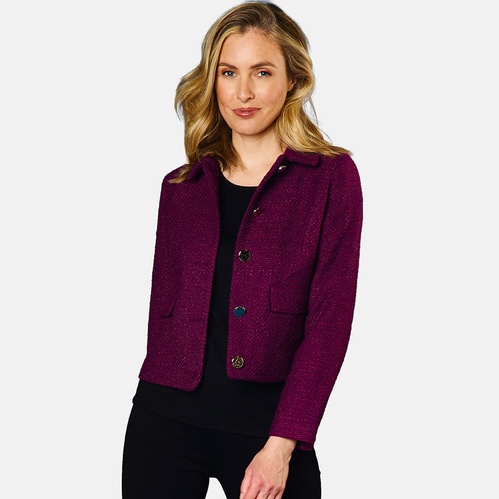 Emreco Classic Collar Cropped Boucle Jacket - Berry