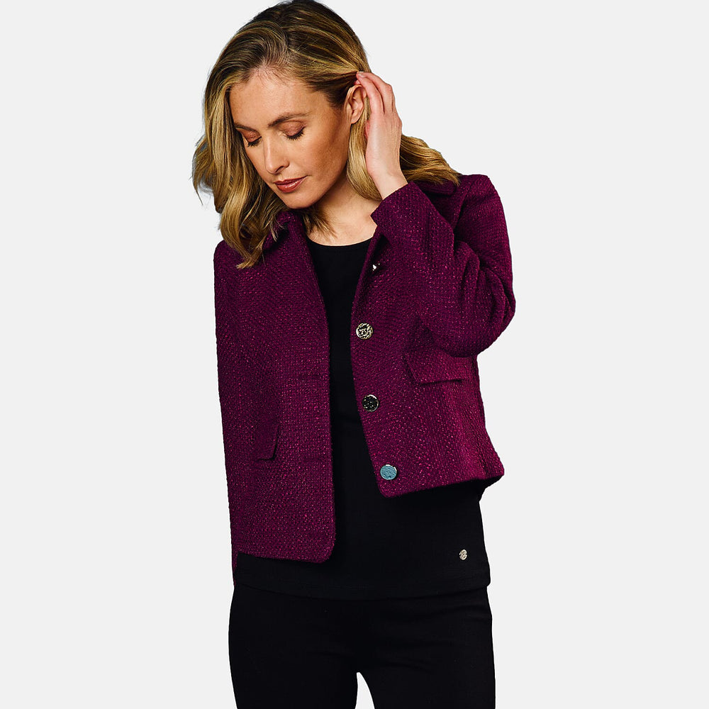 Emreco Classic Collar Cropped Boucle Jacket - Berry