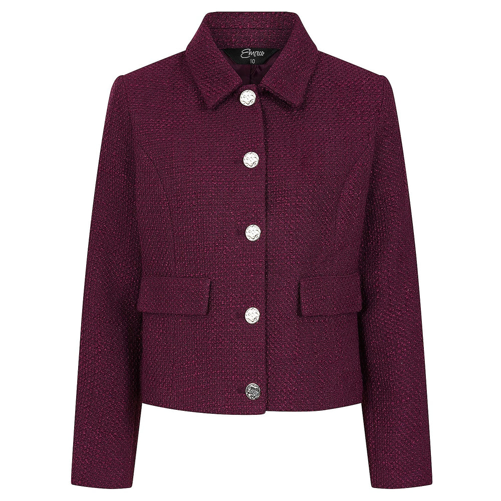 Emreco Classic Collar Cropped Boucle Jacket - Berry