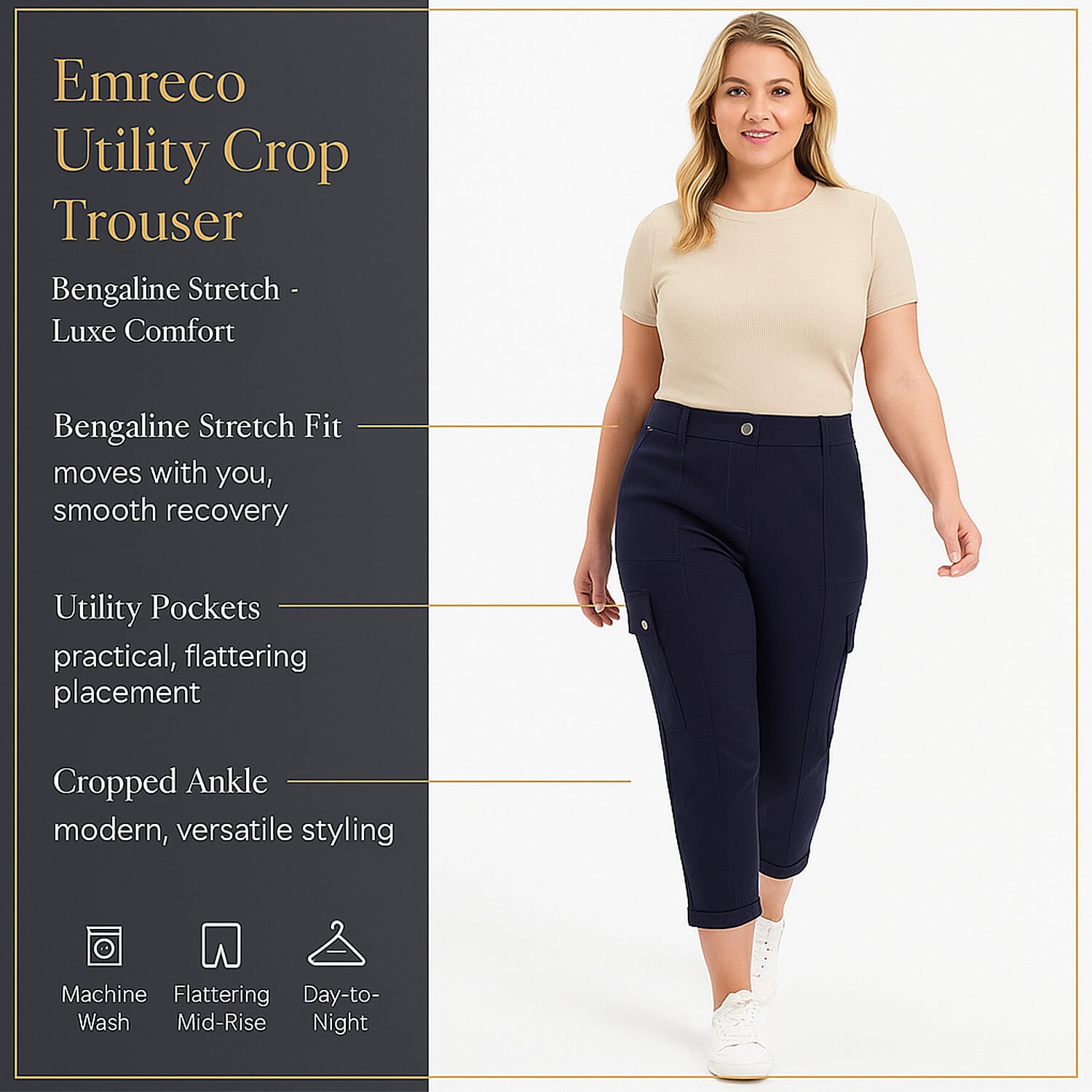 Emreco Combat Style Bengaline Stretch Utility Crop Trouser (Size - 12) - Navy