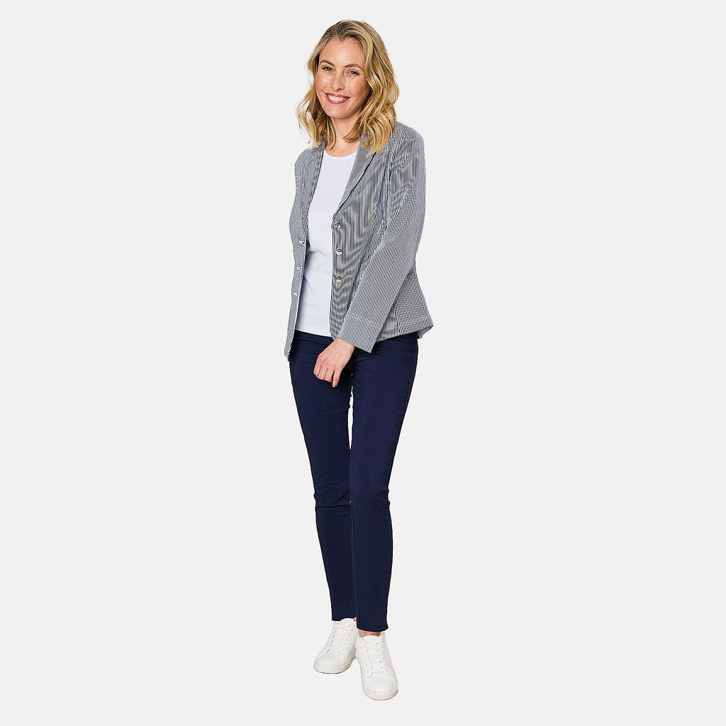 Emreco Fitted Stretch Stripe Blazer (Size 10) - Navy