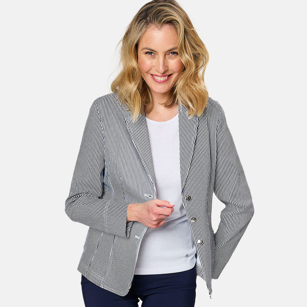 Emreco Fitted Stretch Stripe Blazer (Size 12) - Navy