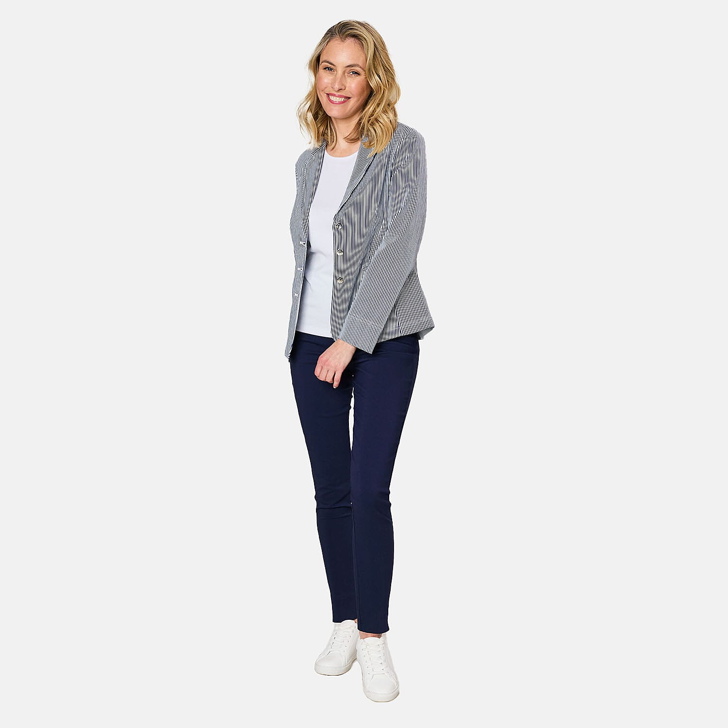 Emreco Fitted Stretch Stripe Blazer (Size 16) - Navy