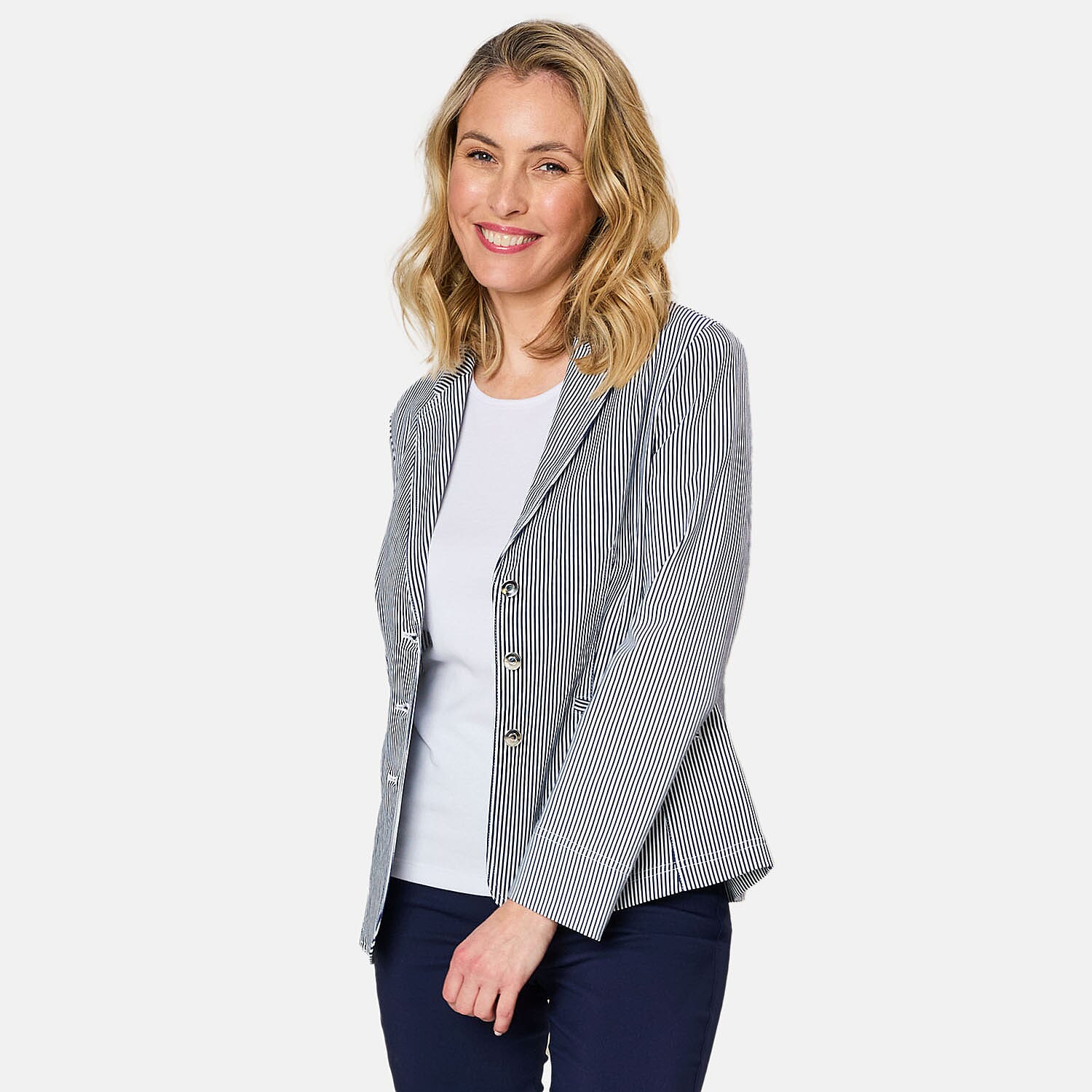 Emreco Fitted Stretch Stripe Blazer (Size 16) - Navy