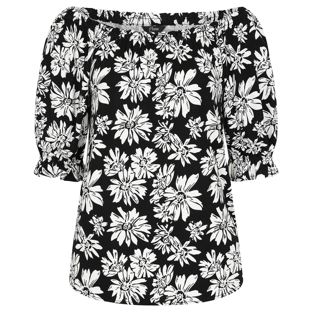Emreco 100% Viscose Frill Sleeve Floral Top (Size 10) - Black
