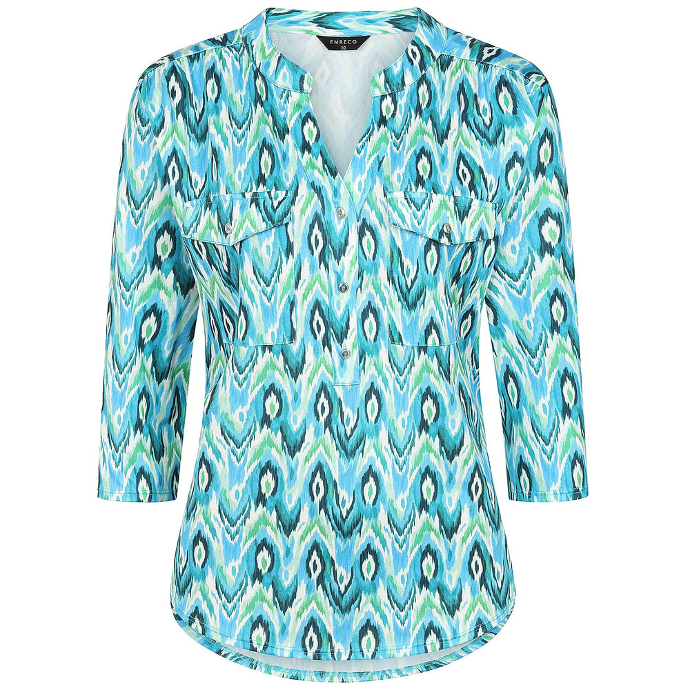 Emreco 3-4 Sleeve Abstract Printed Mandarin Collar Blouse (Size 14) - Blue & Green