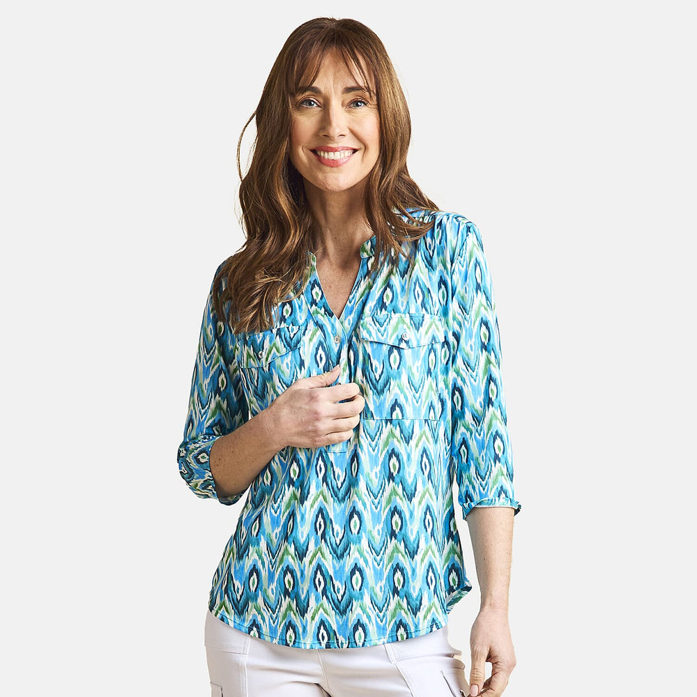 Emreco 3-4 Sleeve Abstract Printed Mandarin Collar Blouse (Size 20) - Blue & Green