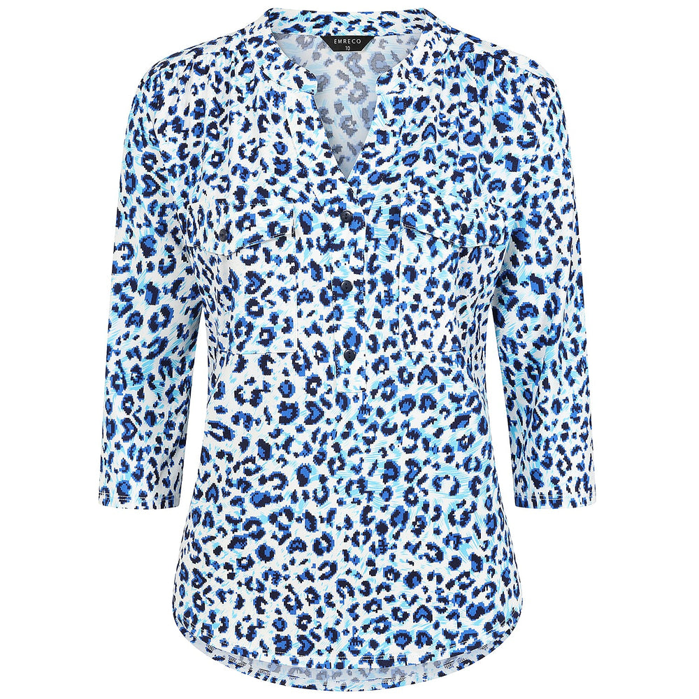 Emreco 3-4 Sleeve Animal Printed Mandarin Collar Blouse (Size 12) - Blue & White
