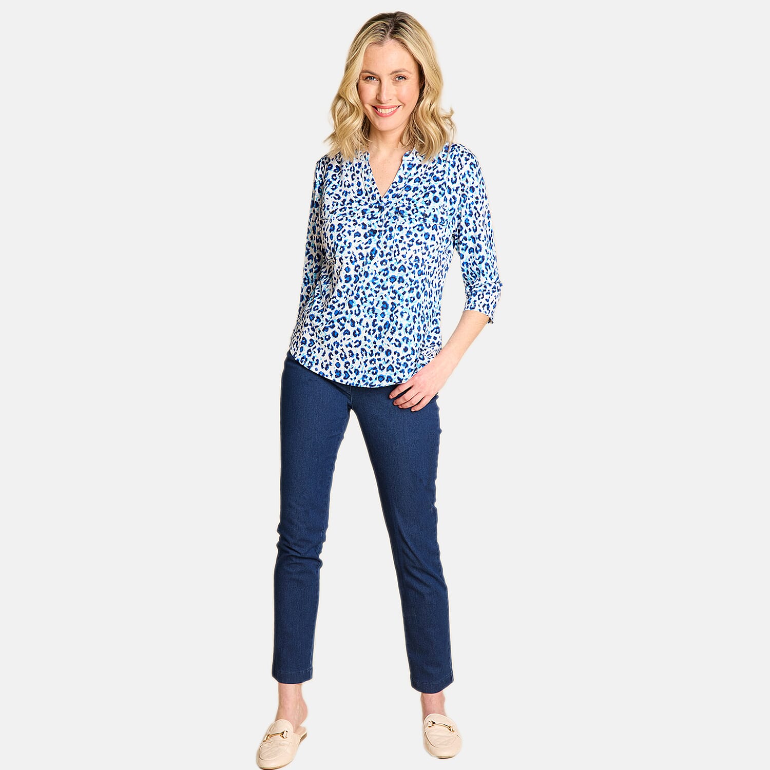 Emreco 3-4 Sleeve Animal Printed Mandarin Collar Blouse (Size 16) - Blue & White