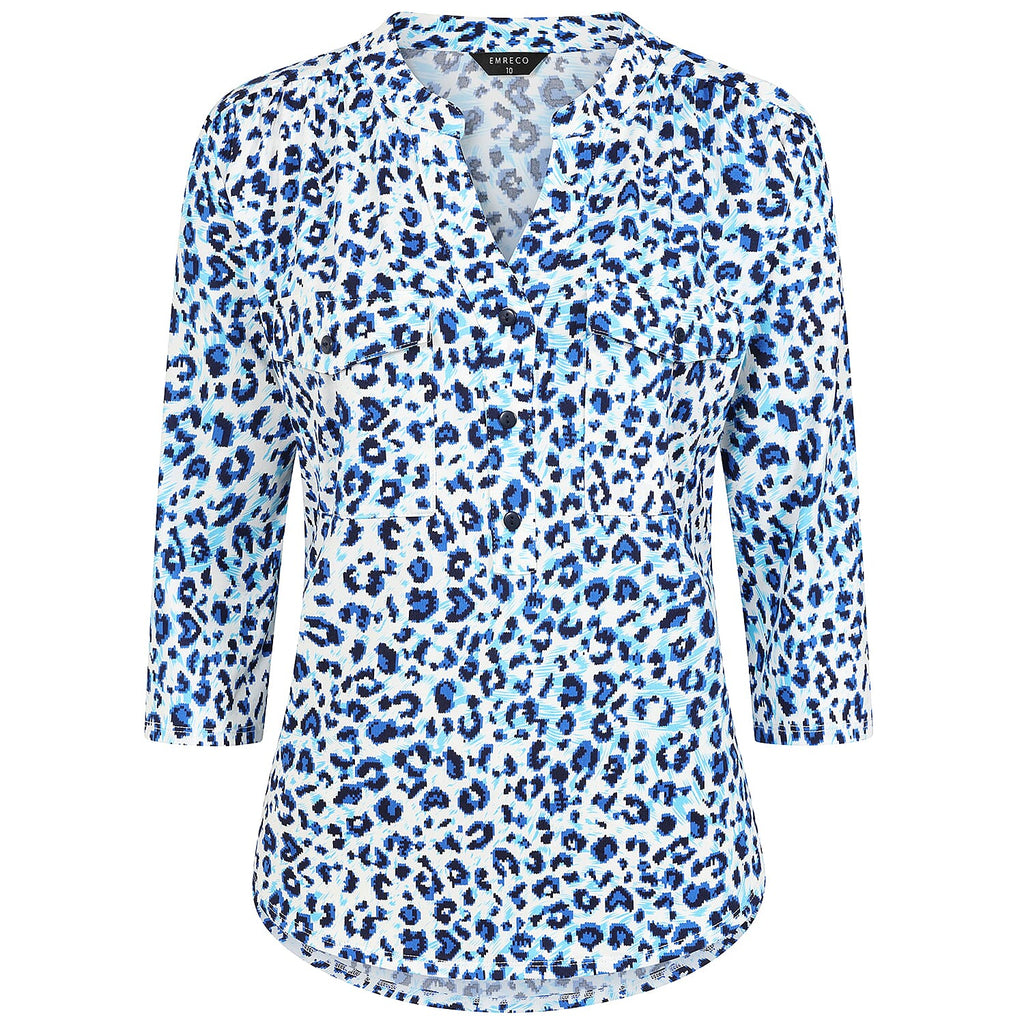 Emreco 3-4 Sleeve Animal Printed Mandarin Collar Blouse (Size 16) - Blue & White