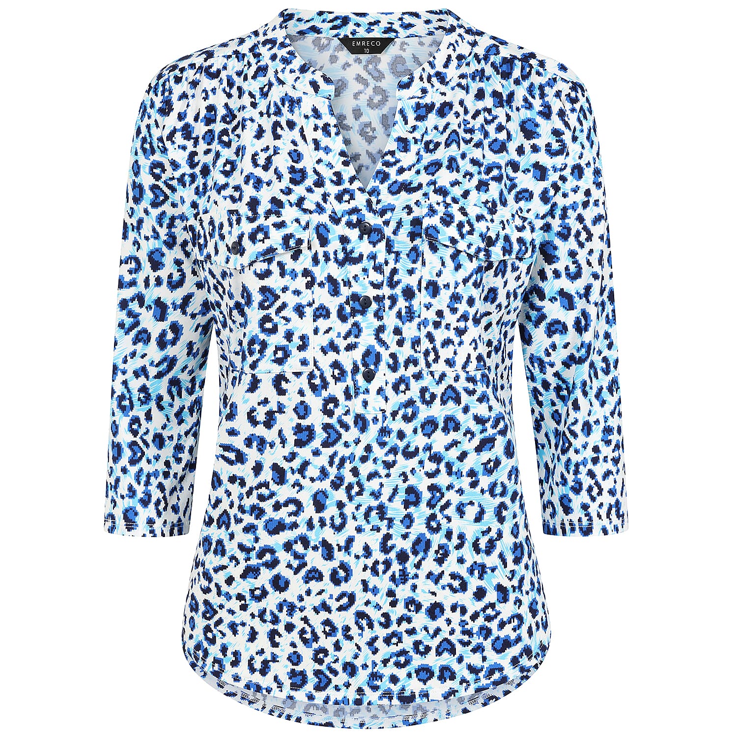 Emreco 3-4 Sleeve Animal Printed Mandarin Collar Blouse (Size 16) - Blue & White