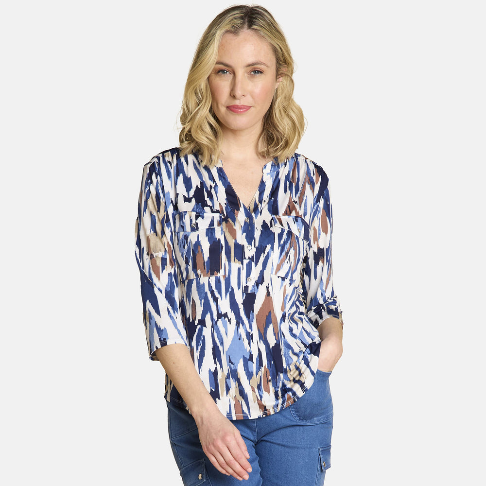 Emreco 3-4 Sleeve Printed Mandarin Collar Blouse (Size 12) - Chevron