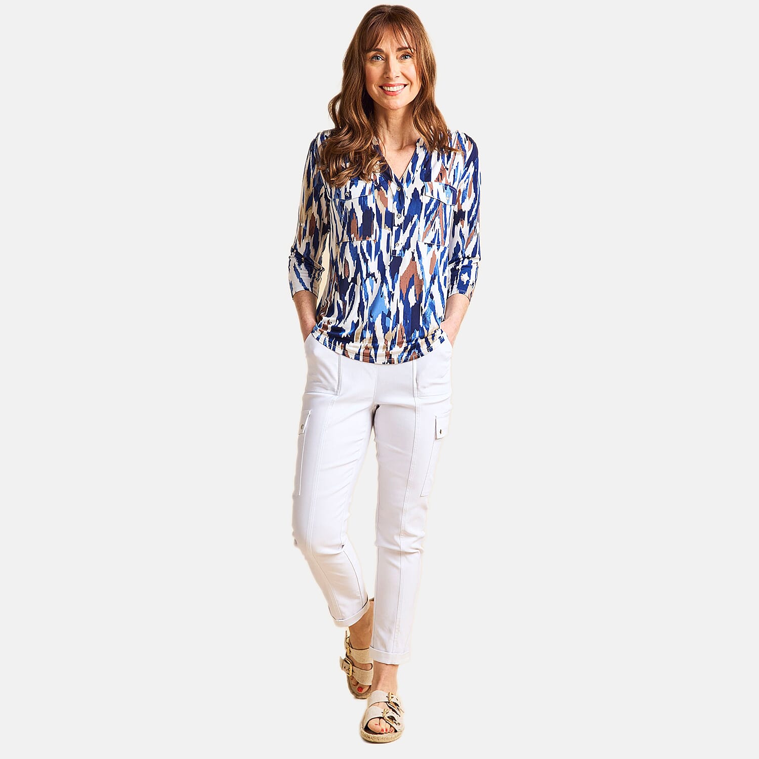 Emreco 3-4 Sleeve Printed Mandarin Collar Blouse (Size 10) - Chevron