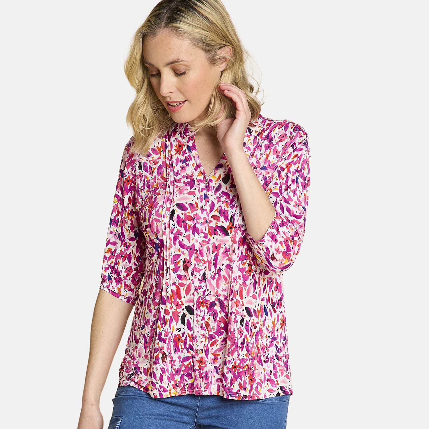 Emreco 3-4 Sleeve Printed Pintuck Mandarin Collar Blouse (Size 10) - Pink