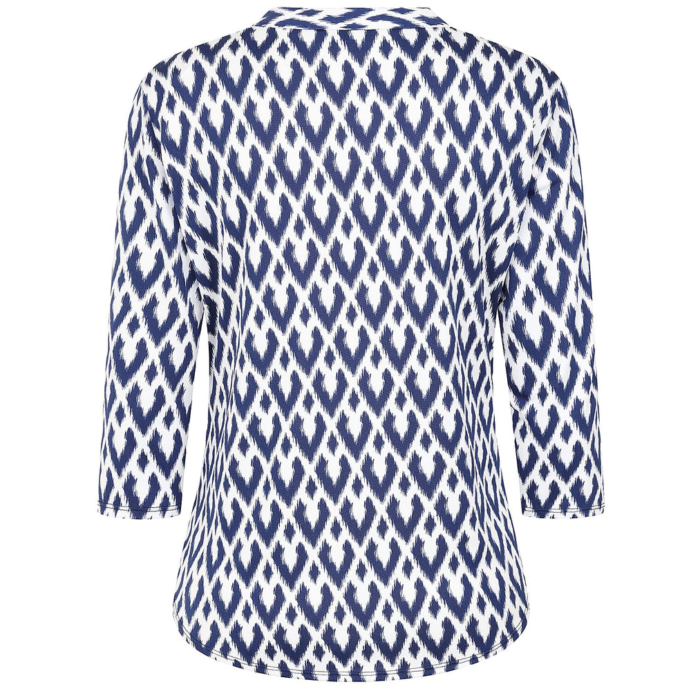 Emreco 3-4 Sleeve Printed Mandarin Collar Blouse (Size 10) - White Base With Blue Details