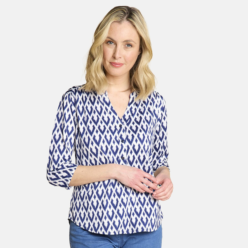 Emreco 3-4 Sleeve Printed Mandarin Collar Blouse (Size 12) - White Base With Blue Details