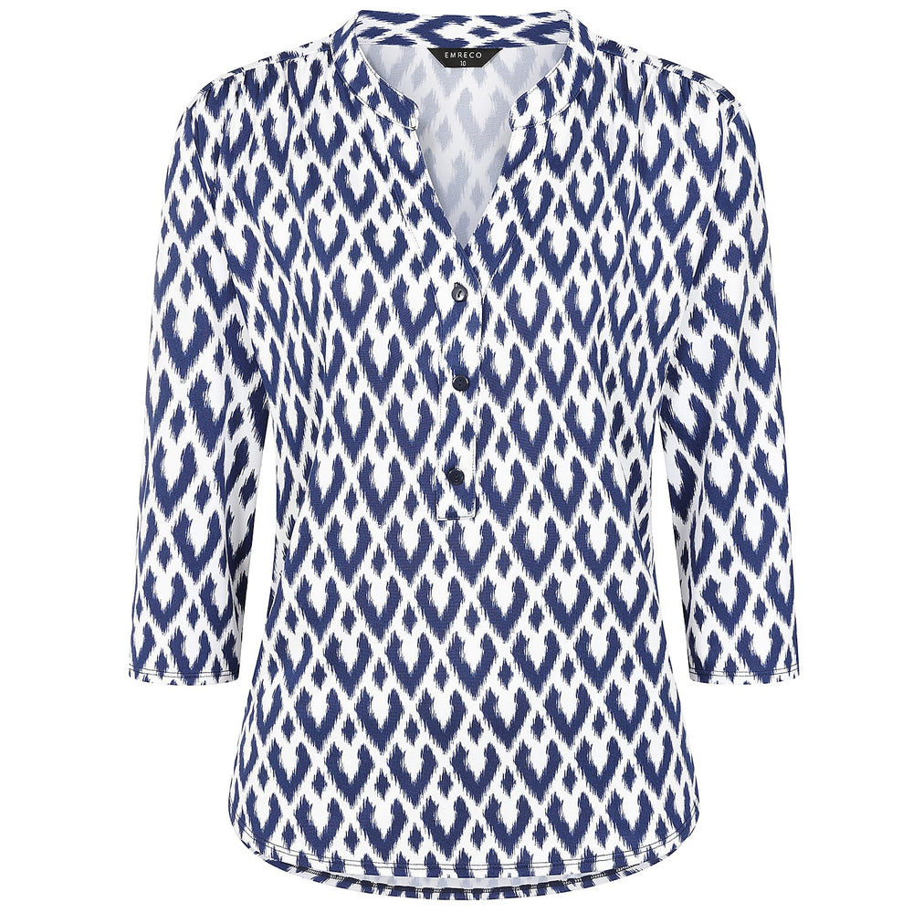 Emreco 3-4 Sleeve Printed Mandarin Collar Blouse (Size 12) - White Base With Blue Details