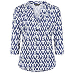 Emreco 3-4 Sleeve Printed Mandarin Collar Blouse (Size 12) - White Base With Blue Details