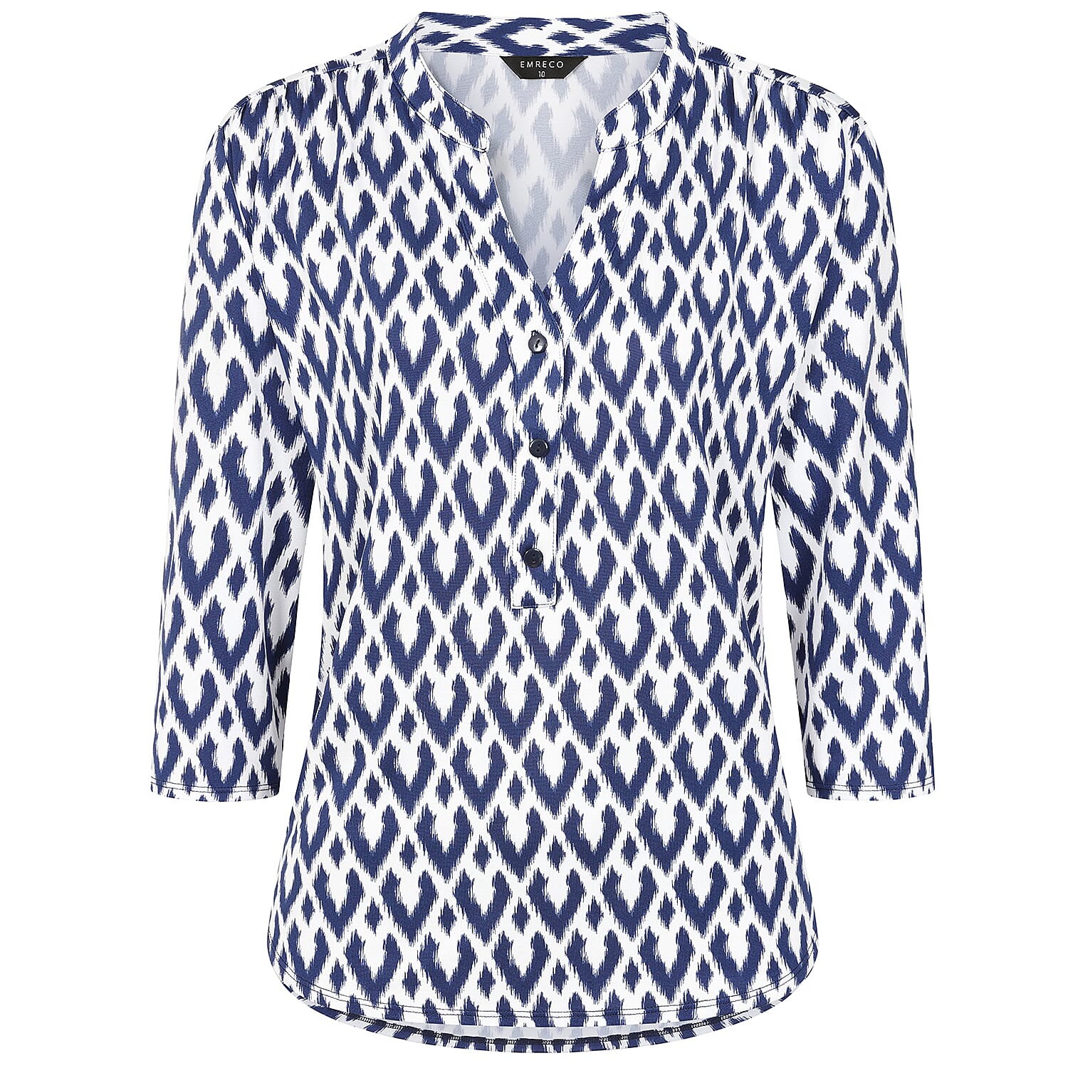 Emreco 3-4 Sleeve Printed Mandarin Collar Blouse (Size 12) - White Base With Blue Details