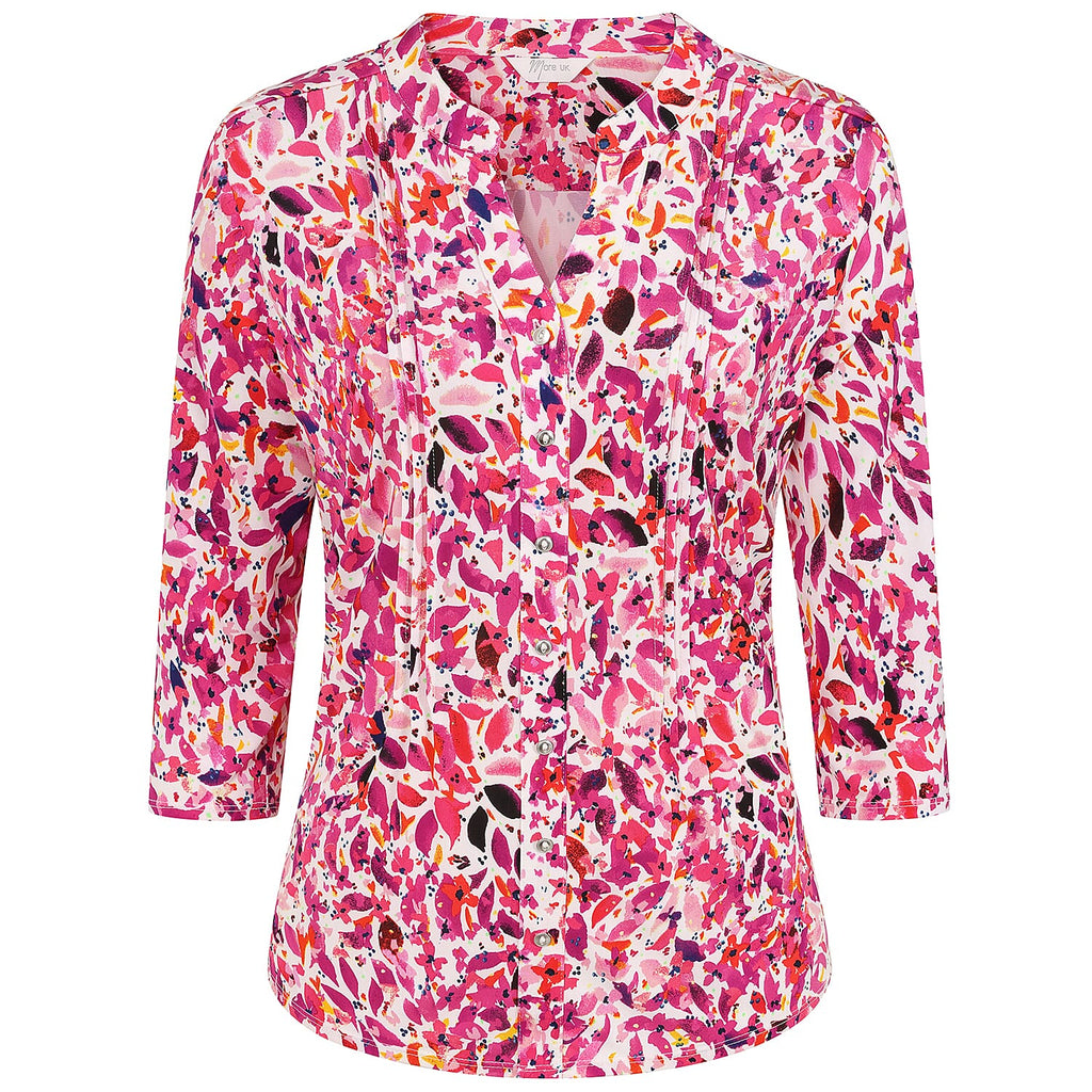 Emreco 3-4 Sleeve Printed Pintuck Mandarin Collar Blouse (Size 16) - Pink