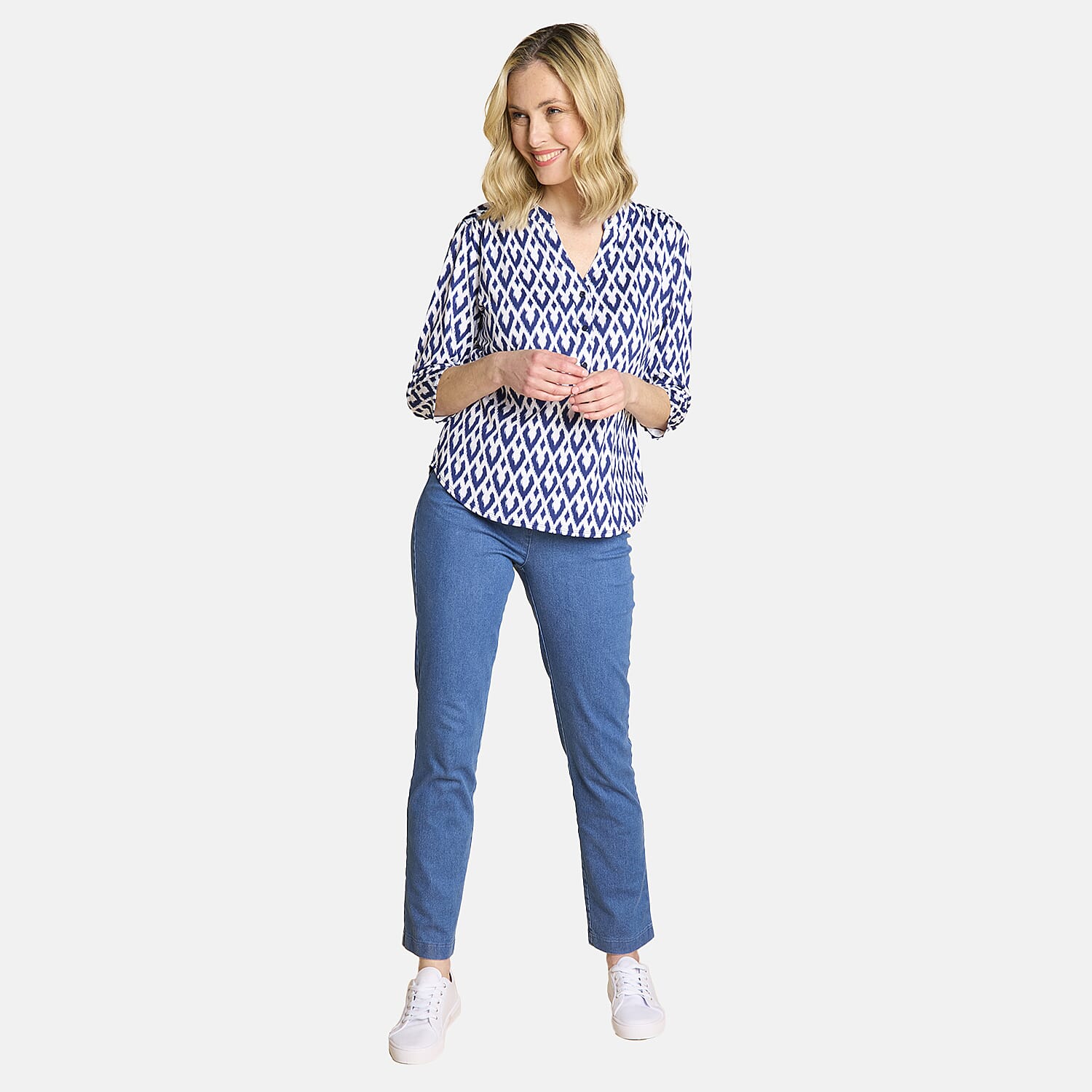 Emreco 3-4 Sleeve Printed Mandarin Collar Blouse (Size 20) - White Base With Blue Details