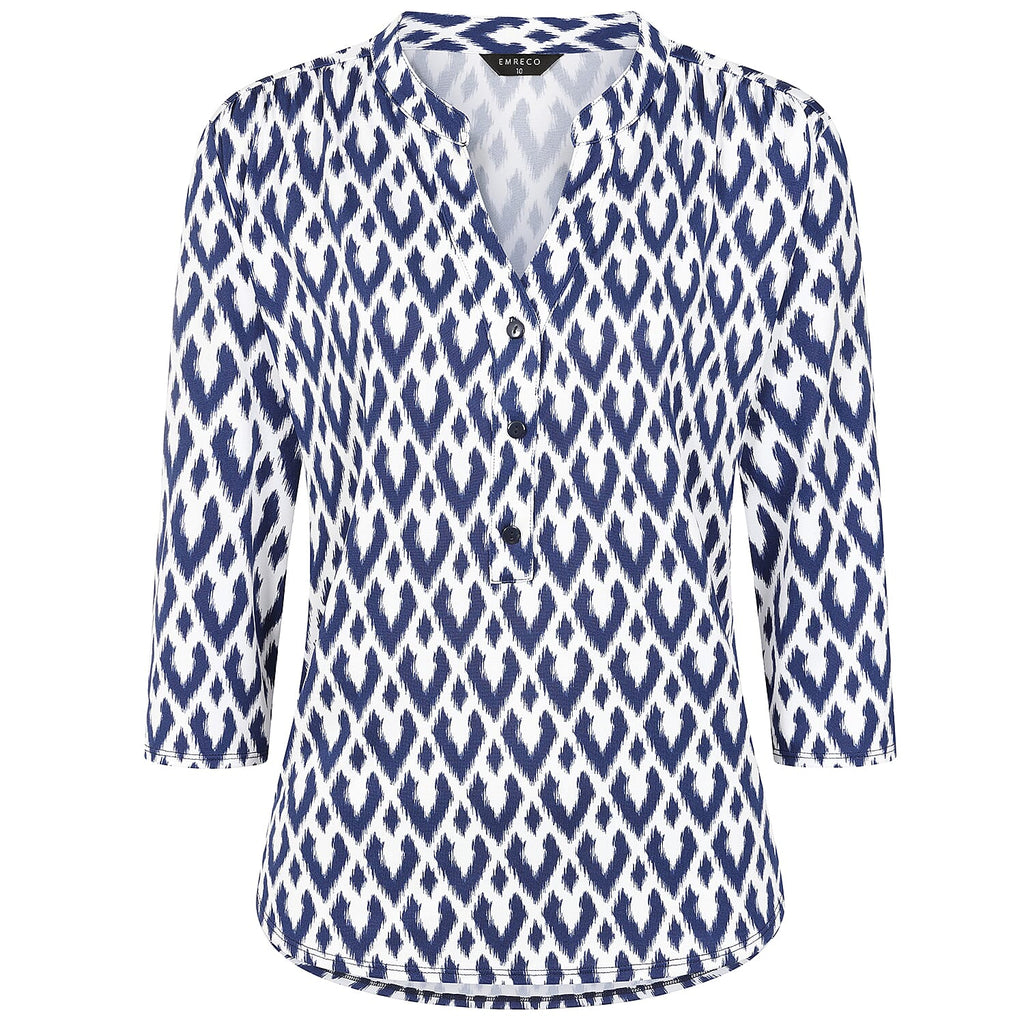 Emreco 3-4 Sleeve Printed Mandarin Collar Blouse (Size 20) - White Base With Blue Details