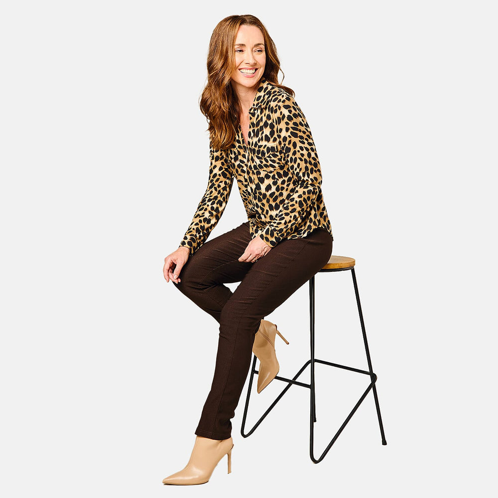 Emreco Long Sleeve Animal Print Blouse - Leopard
