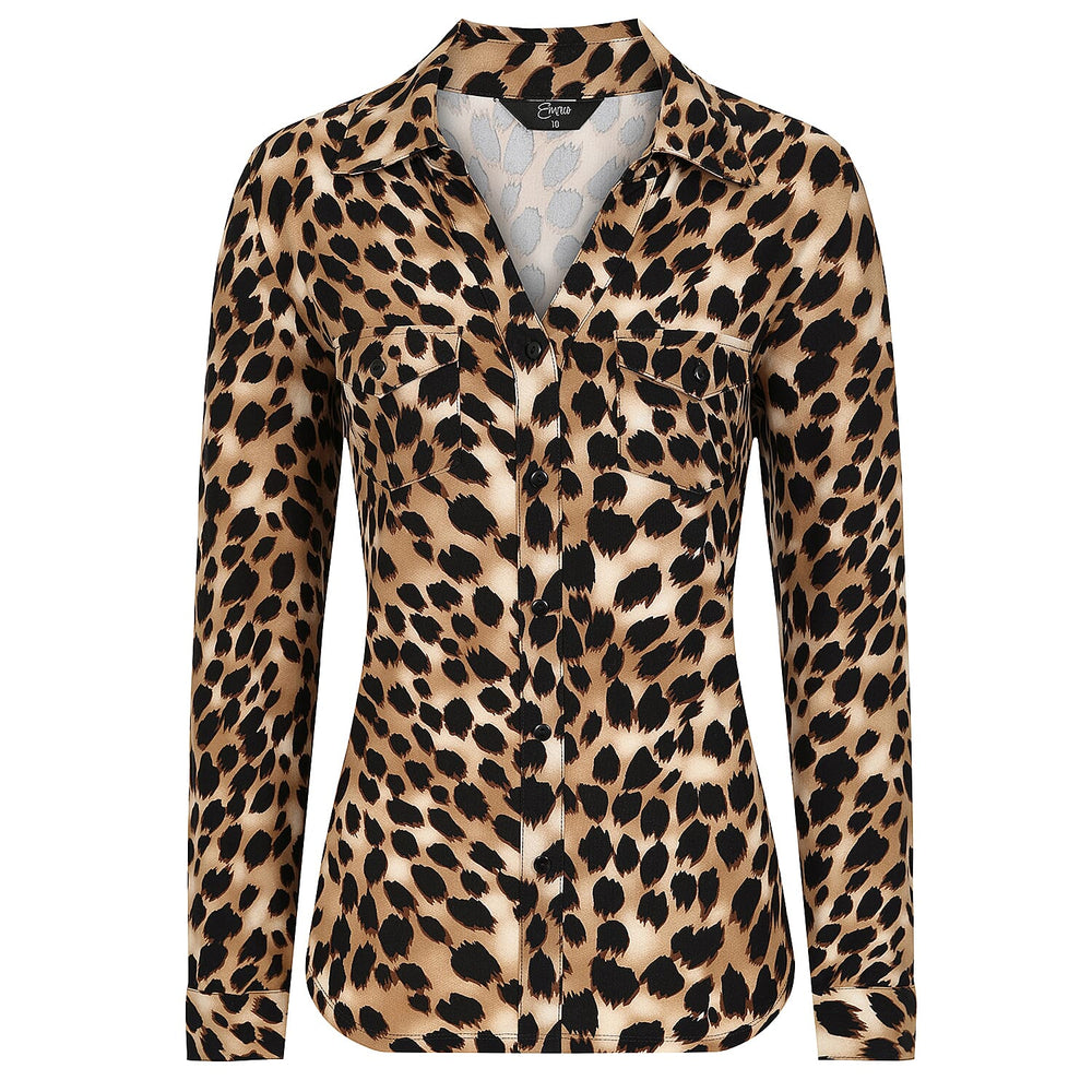 Emreco Long Sleeve Animal Print Blouse - Leopard