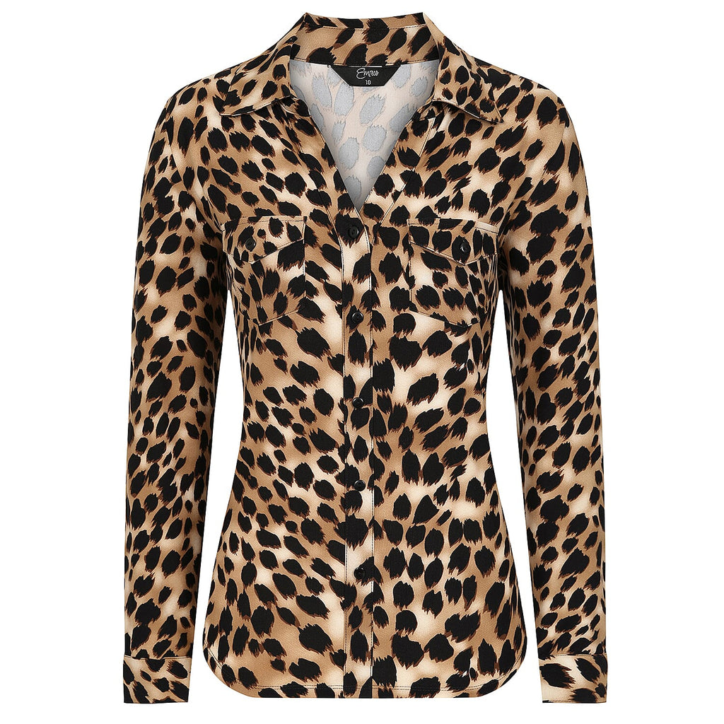 Emreco Long Sleeve Animal Print Blouse - Leopard