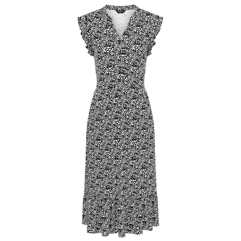 Emreco Abstract Animal Print V-Neck Sleeveless Tie Waist Ruffle Armhole Tiered Midi Dress (Size 12) - Black