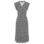 Emreco Abstract Animal Print V-Neck Sleeveless Tie Waist Ruffle Armhole Tiered Midi Dress (Size 14) - Black