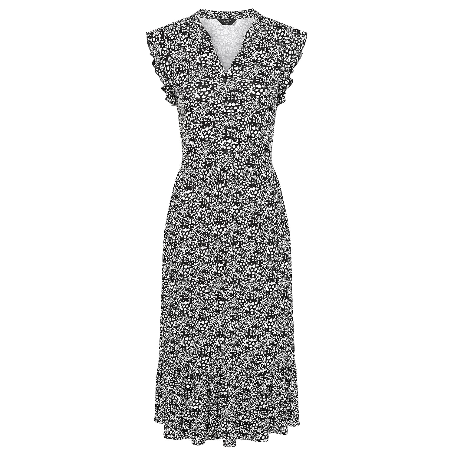 Emreco Abstract Animal Print V-Neck Sleeveless Tie Waist Ruffle Armhole Tiered Midi Dress (Size 14) - Black