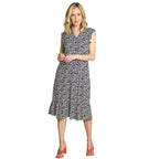 Emreco Abstract Animal Print V-Neck Sleeveless Tie Waist Ruffle Armhole Tiered Midi Dress (Size 14) - Black