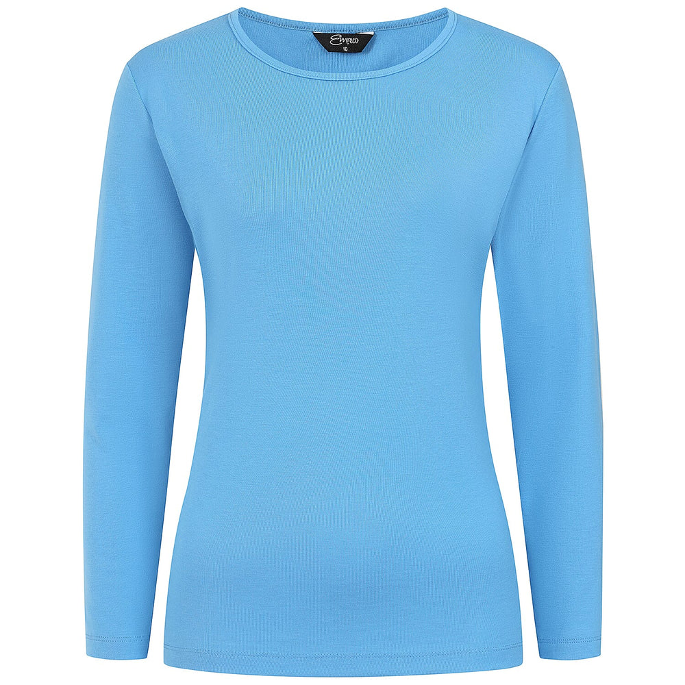 Emreco Womens Fitted Long Sleeve Crew Neck Basic Top (Size 12) - Blue