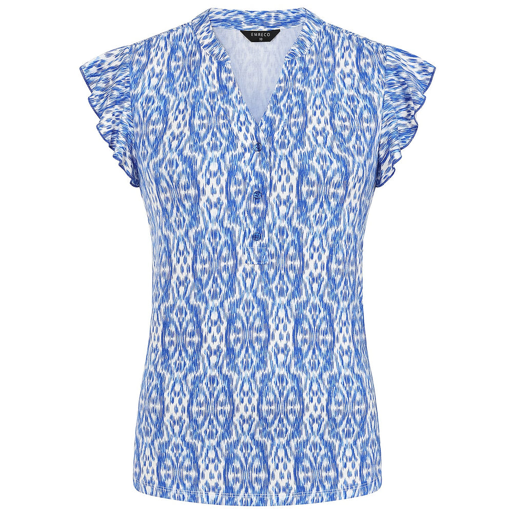 Emreco Ikat Print V-Neck Sleeveless Frill Top (Size 16) - Geo Tile